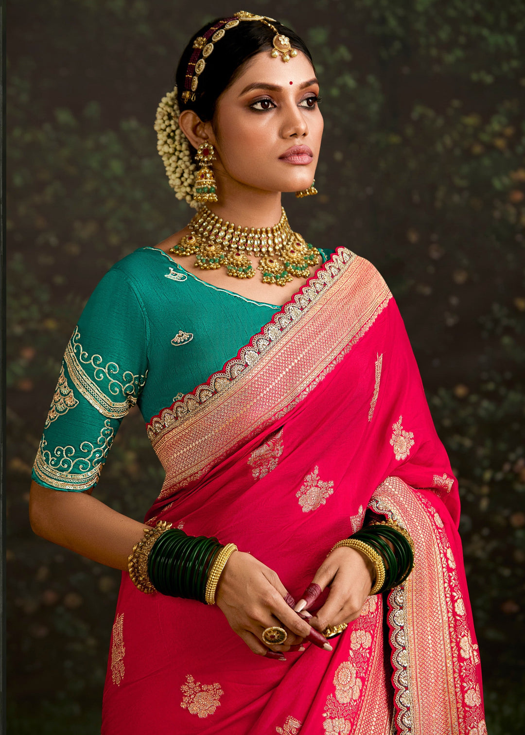 Pink and Teal Viscose silk Saree