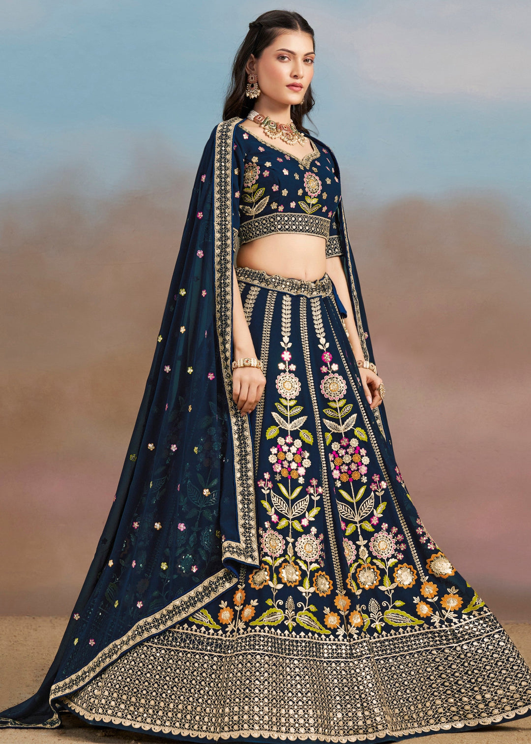 Blue Georgette Lehenga With Dupatta