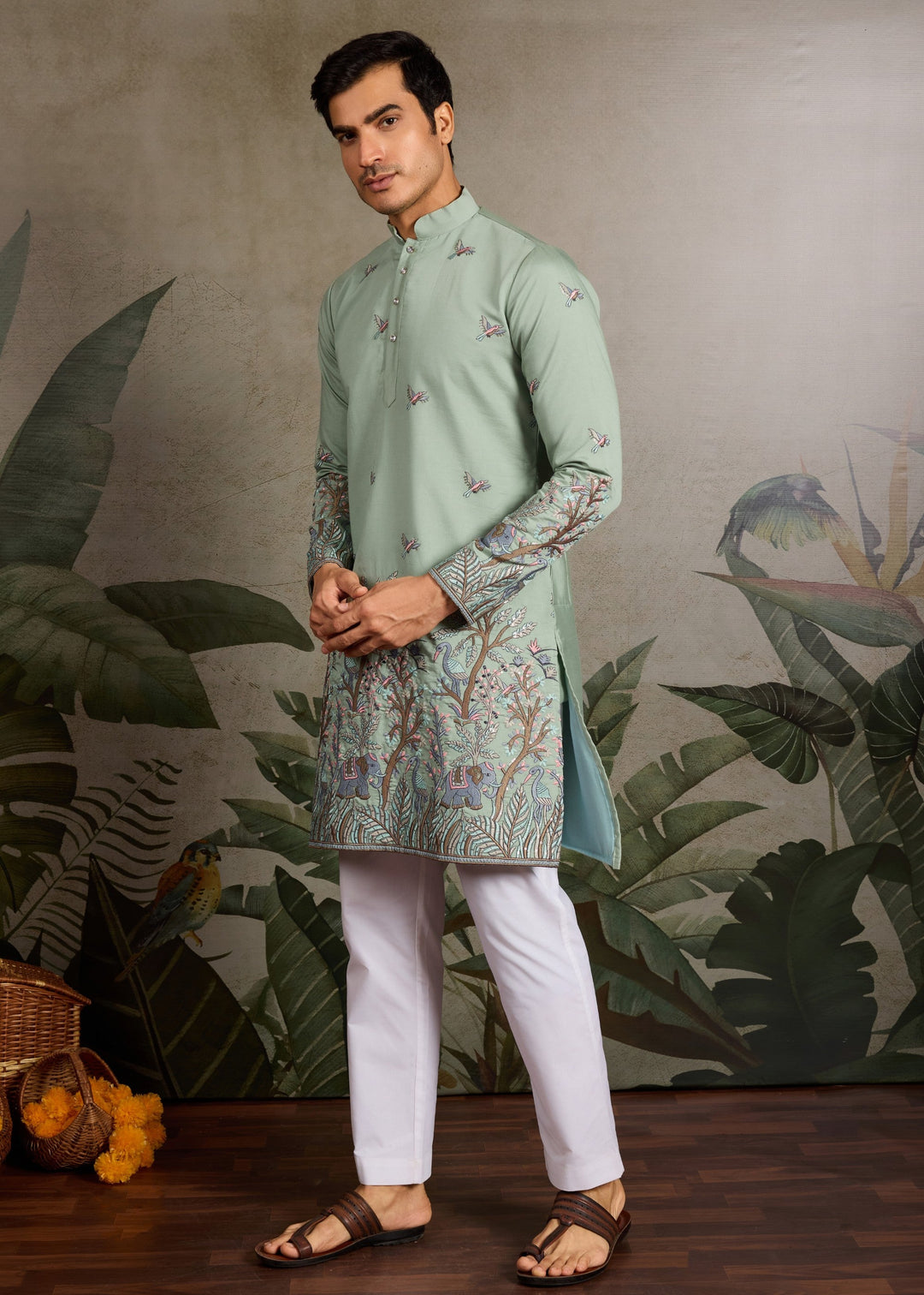 Sage Green Mens Silk Kurta with Pant