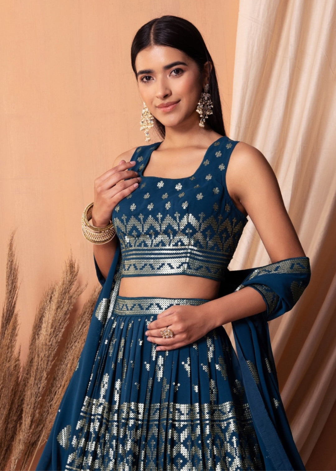 Royal Blue Georgette Lehenga Choli With Sequins And Thread Embroidery Work