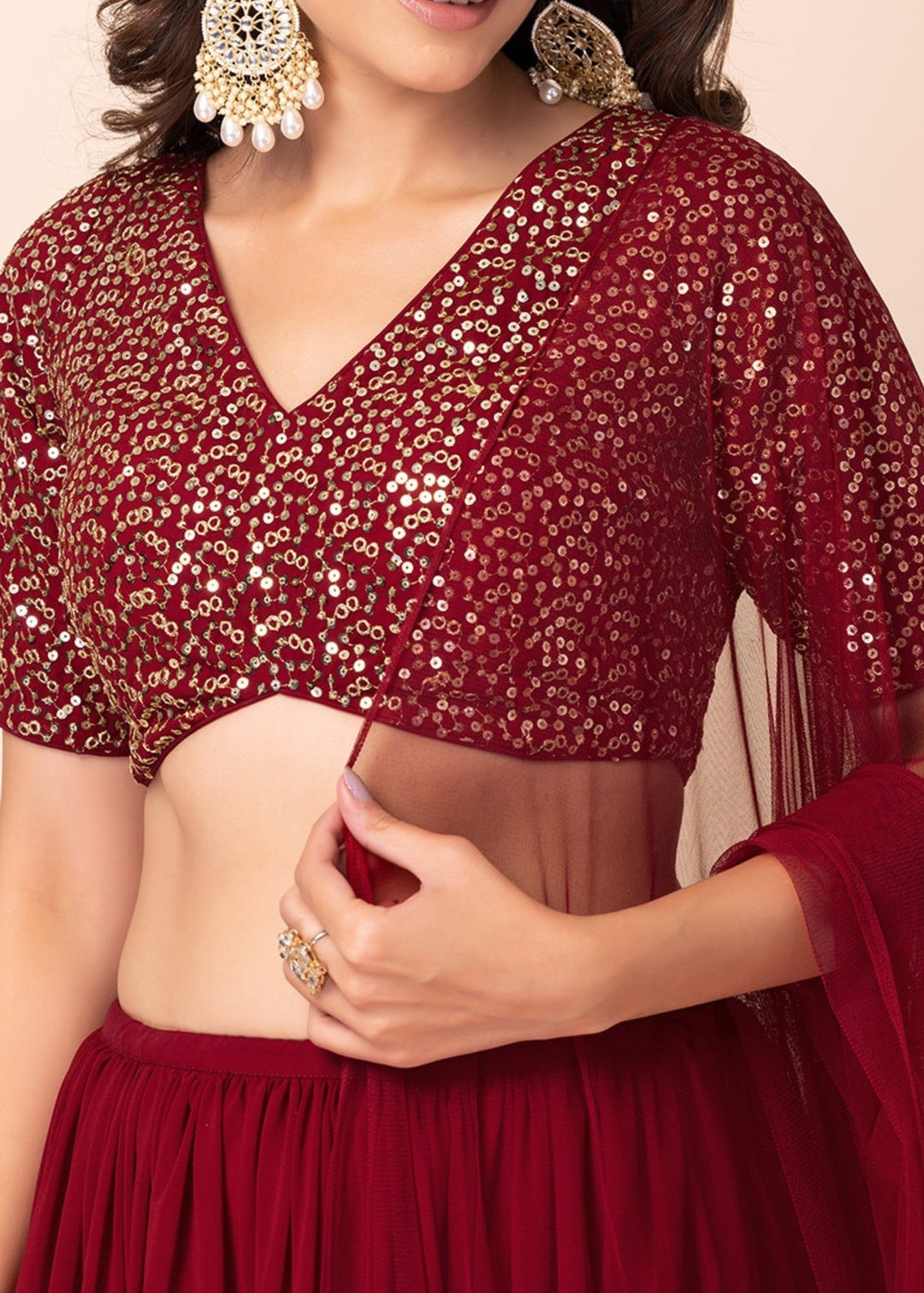 Garnet Red Georgette Lehenga Choli With Sequins And Thread Embroidery Work
