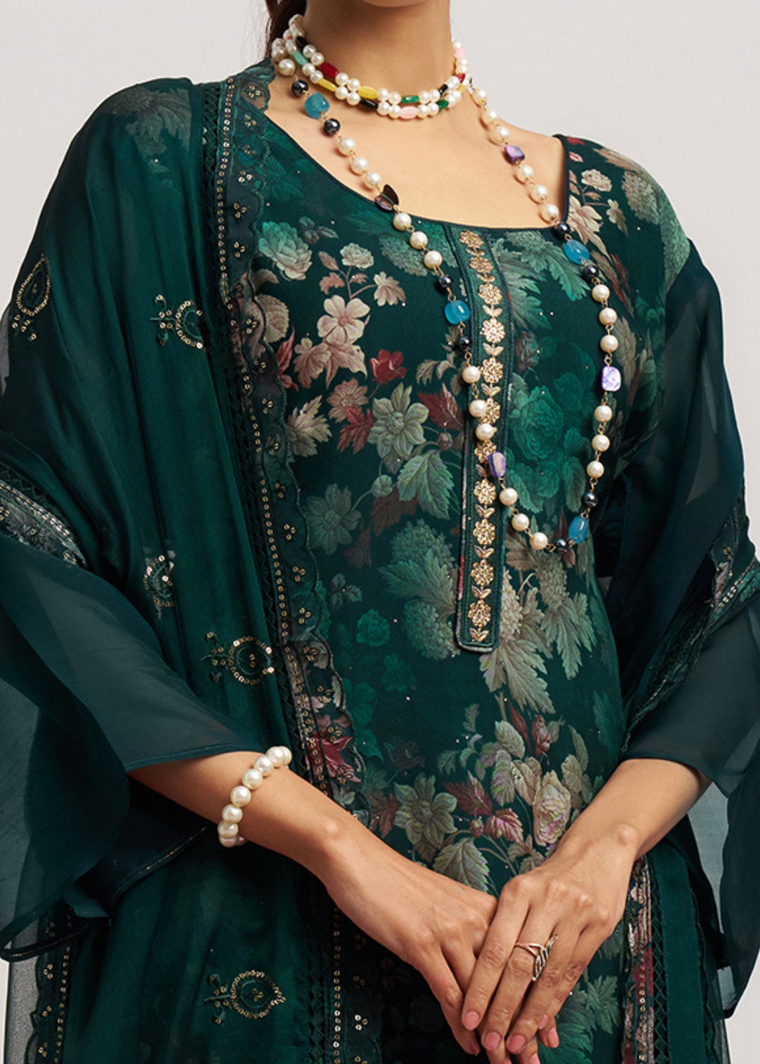 Pine Green Organza Pant Style Suit WIth Chiffon Dupatta