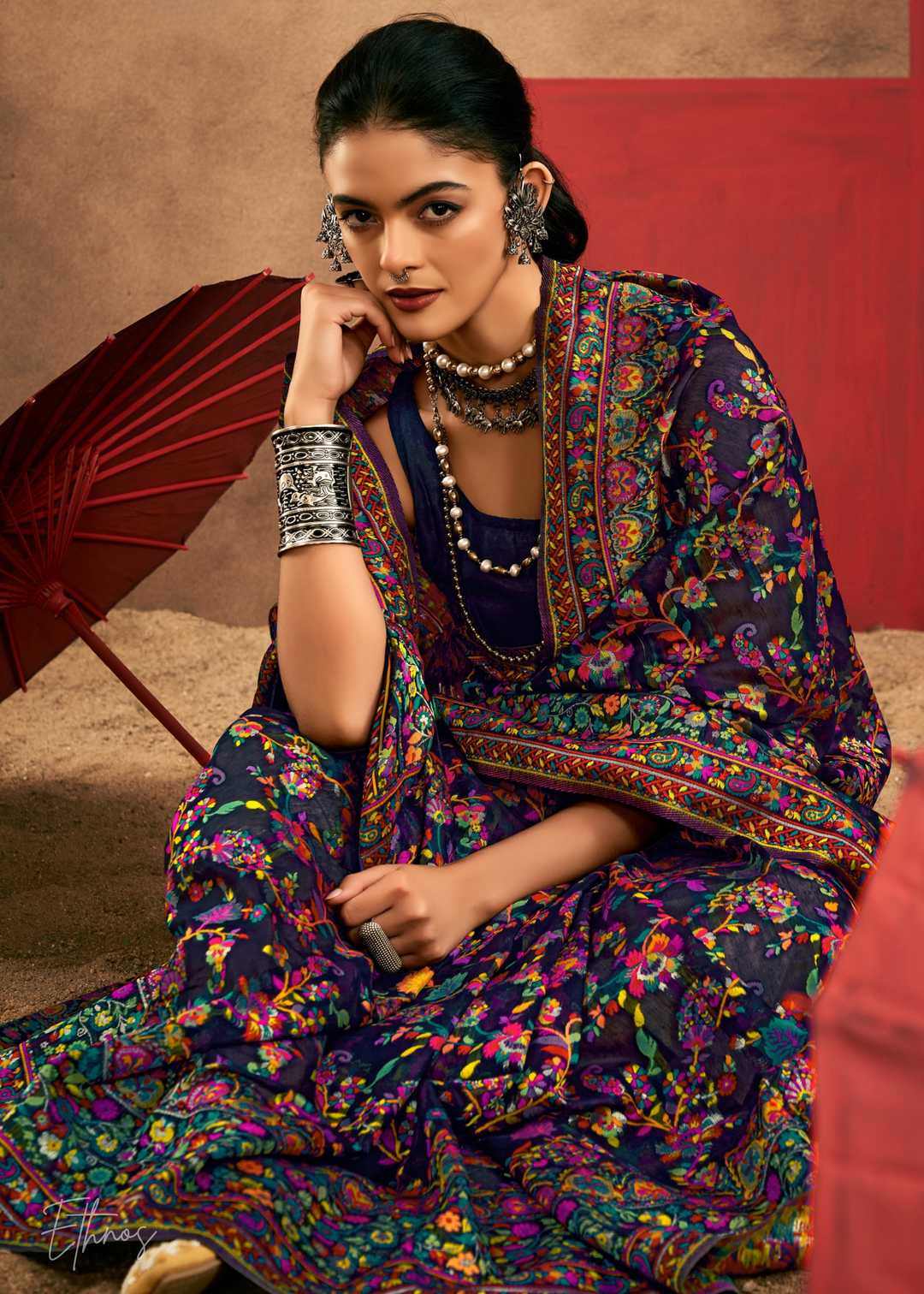 Aubergine Purple with Multicolour Kashmiri Floral Weave Saree