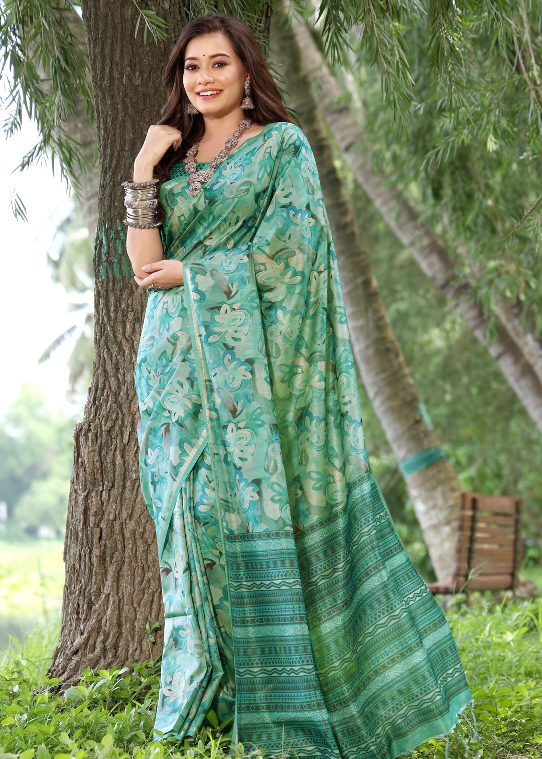 Rama Printed Cotton Silk Saree