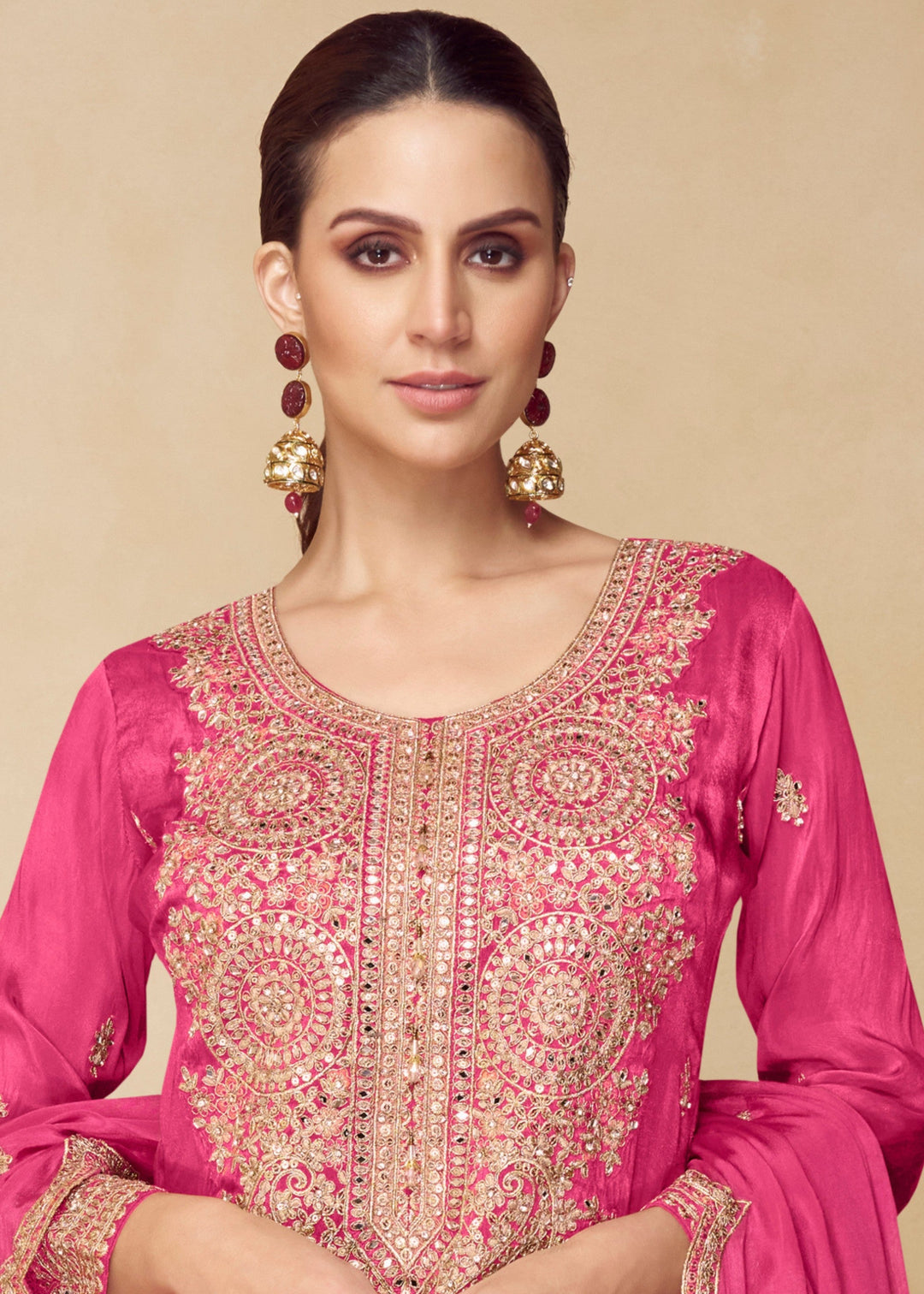 Rose Pink Chinon Palazzo Silk Suit With Beautiful Embroidery Work