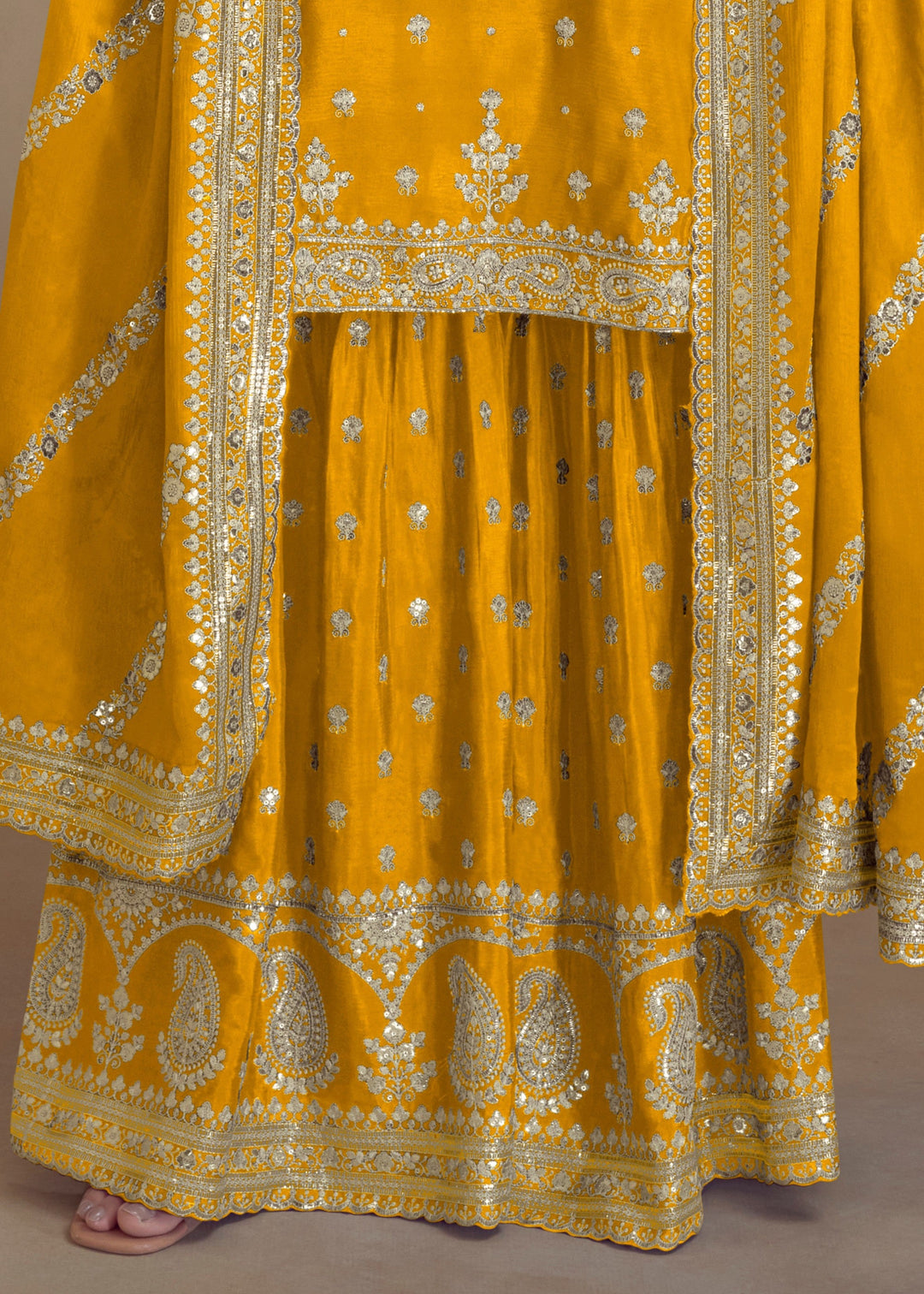 Canary Yellow Embroidered Chinon Silk Plazzo Suit