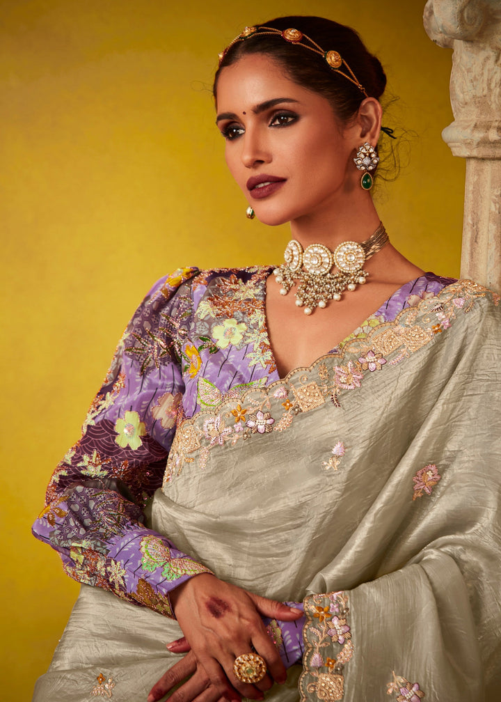 Rhino Grey Glass Tissue Silk Saree