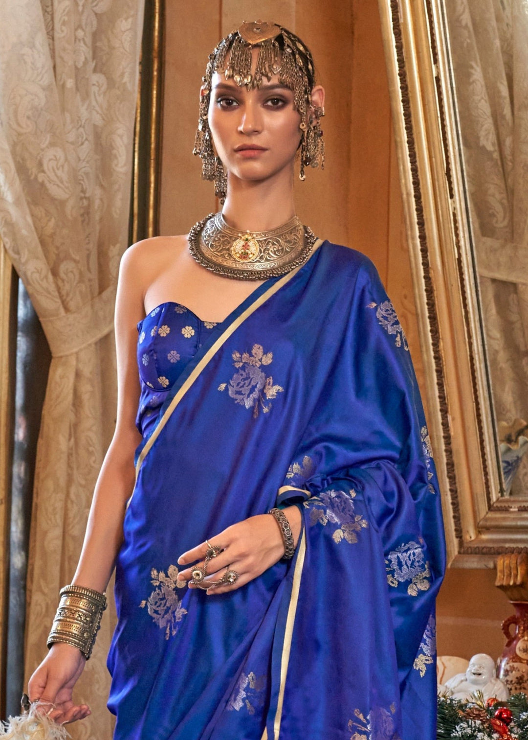 Bright Blue Satin Silk Saree