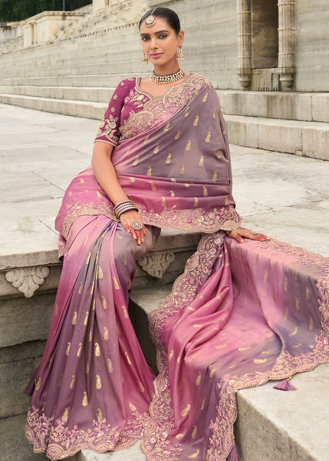 Mauve Purple And Pink Viscose Tissue Silk Saree