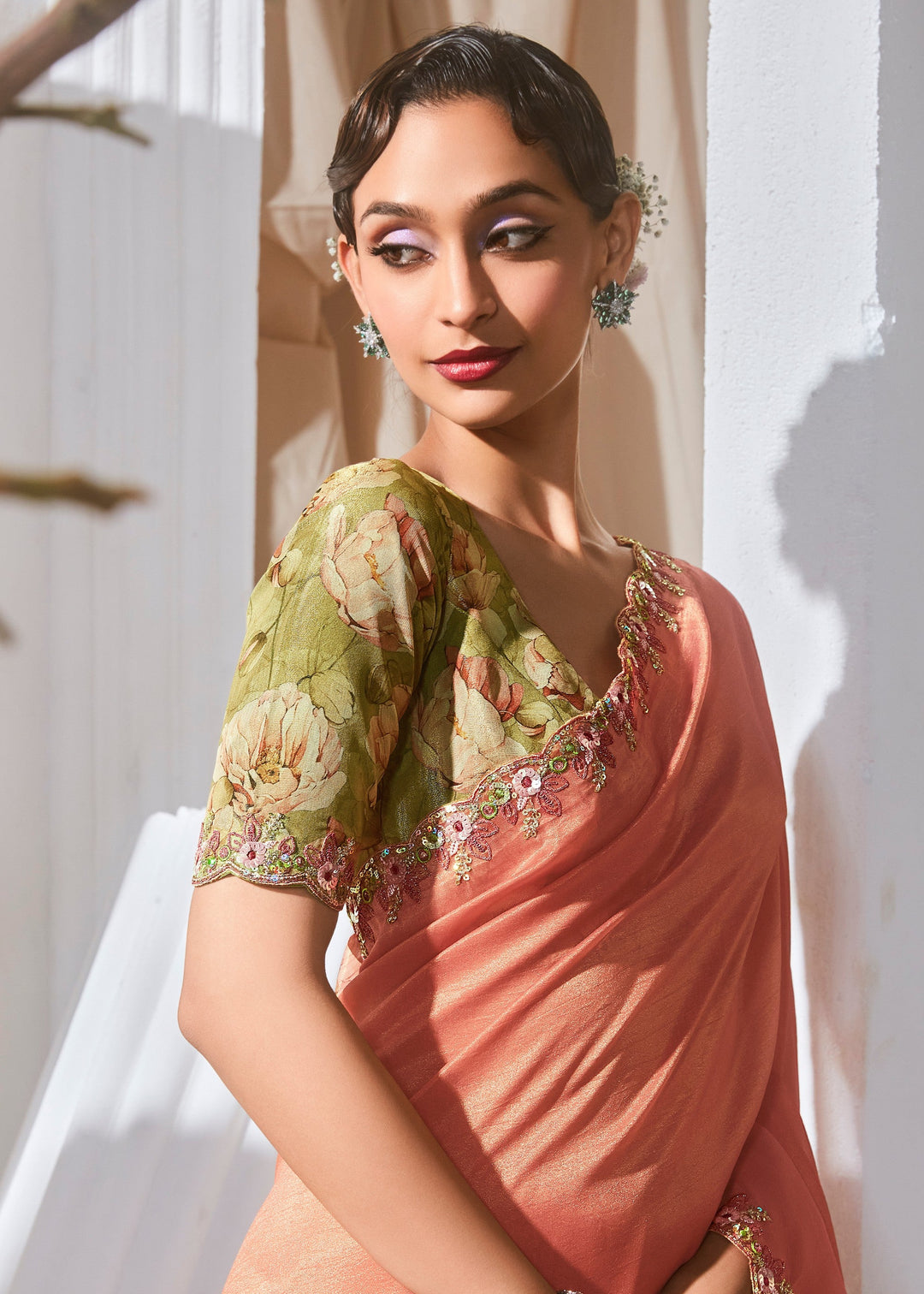 Salmon Orange Fancy Silk Saree With Printed Blouse
