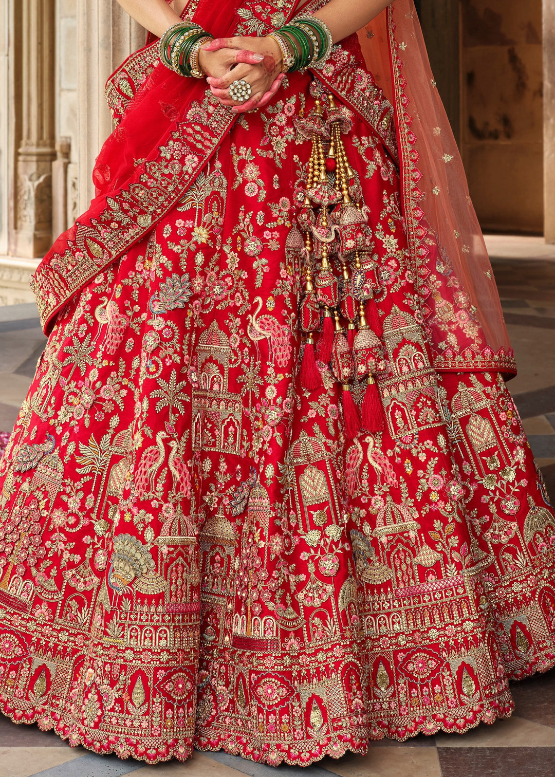 Bright Red Heavy Bridal Silk Lehenga With Khatli And Embroidery Work