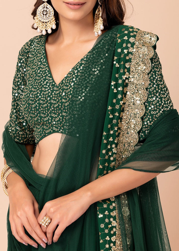 Hunter Green Georgette Lehenga Choli With Sequins And Thread Embroidery Work