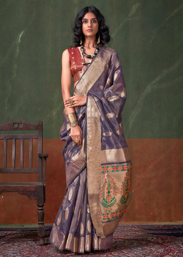 Purpleish Paithani Tissue Silk Saree With Zari Work