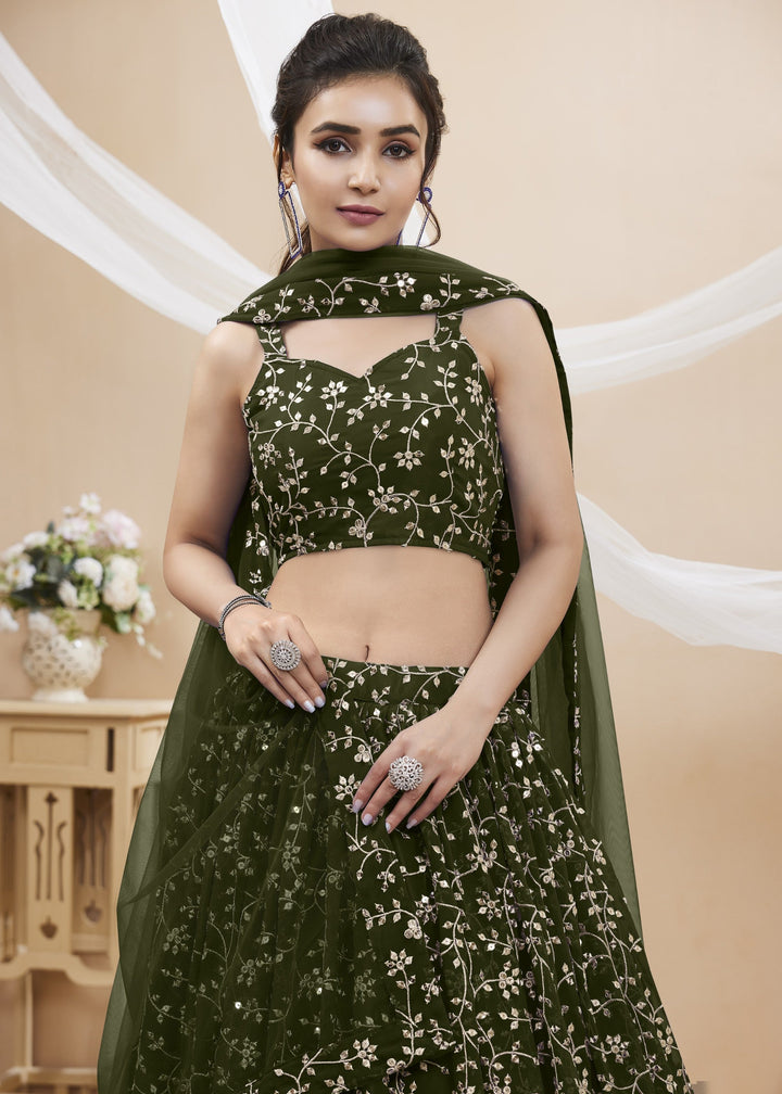 Mehendi Green Georgette Lehenga Choli With Sequins Zari Embroidered Work