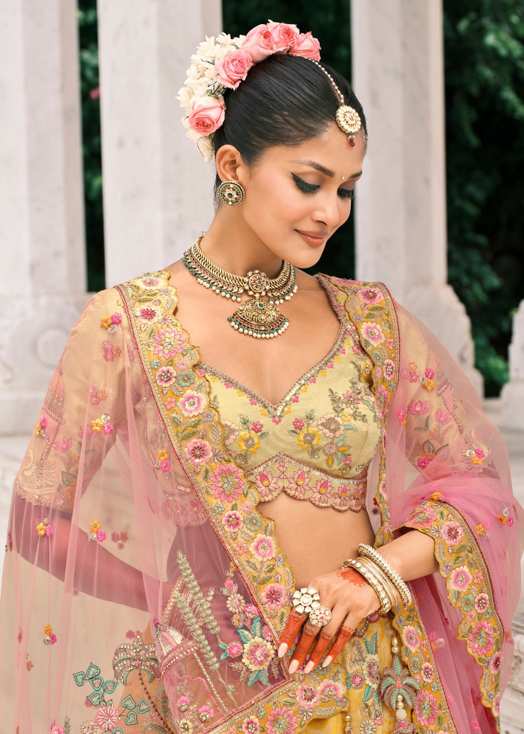 Corn Yellow Fancy Silk Lehenga Choli With Cut Work Embroidery Border & Stone Work