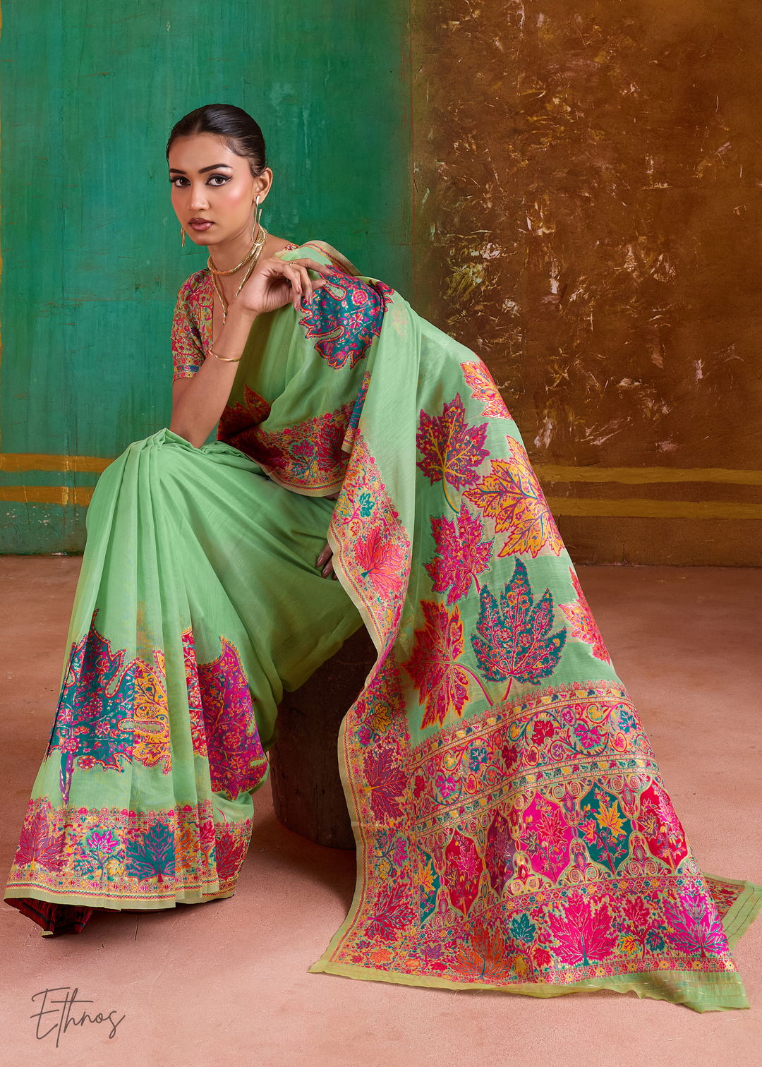 Pistachio Green with Multicolour Floral Weave Saree