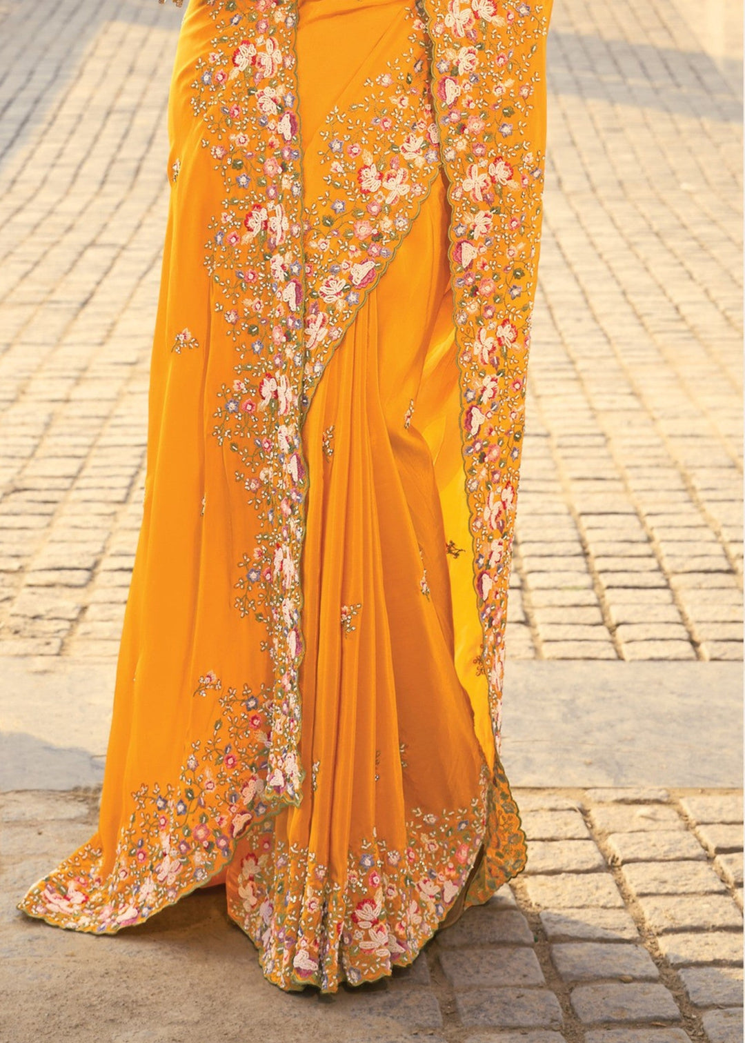 Mustard Yellow Crepe Silk Saree