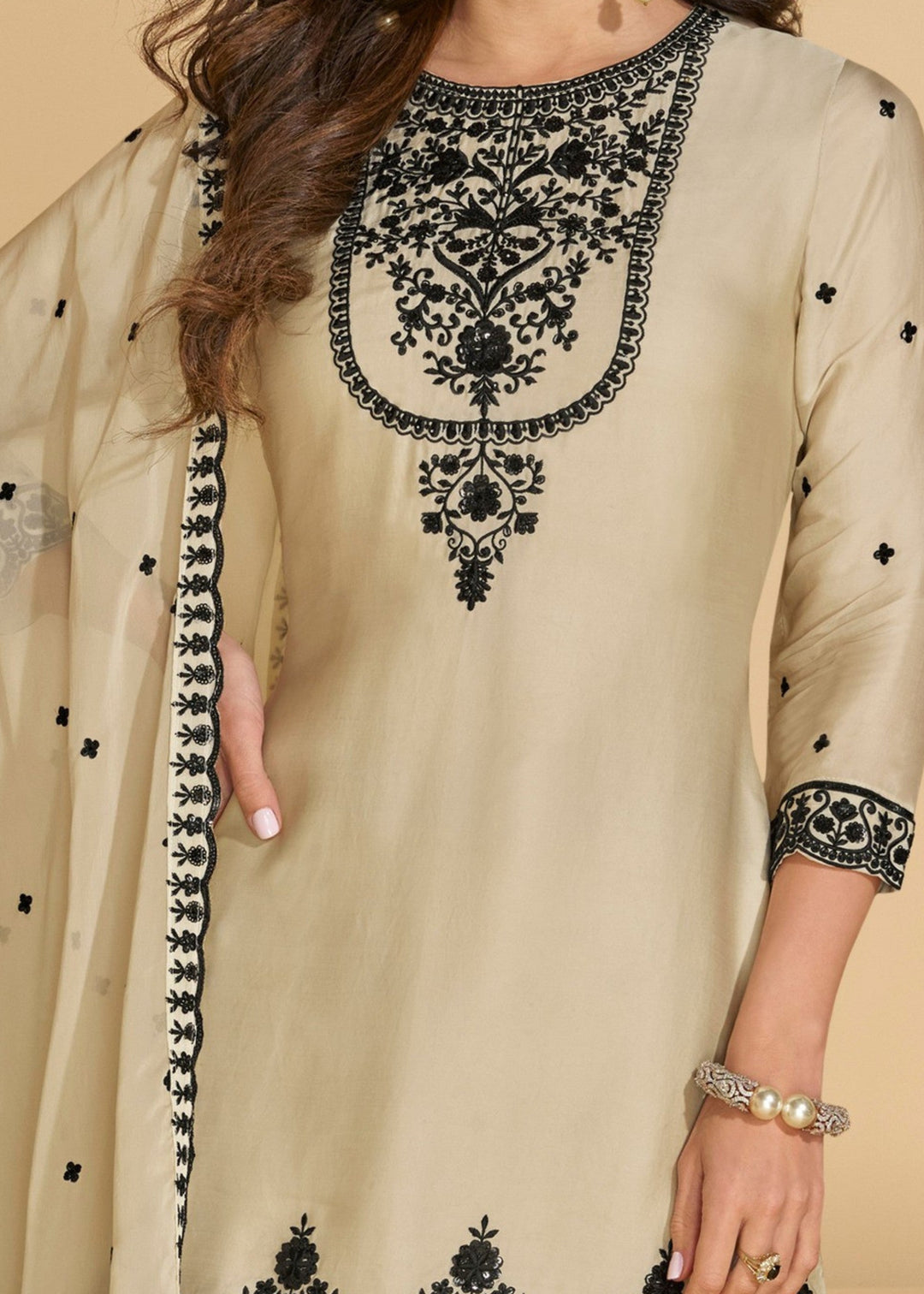 Creamy White Premium Real Chinnon Silk Heavy Look Salwar Suit