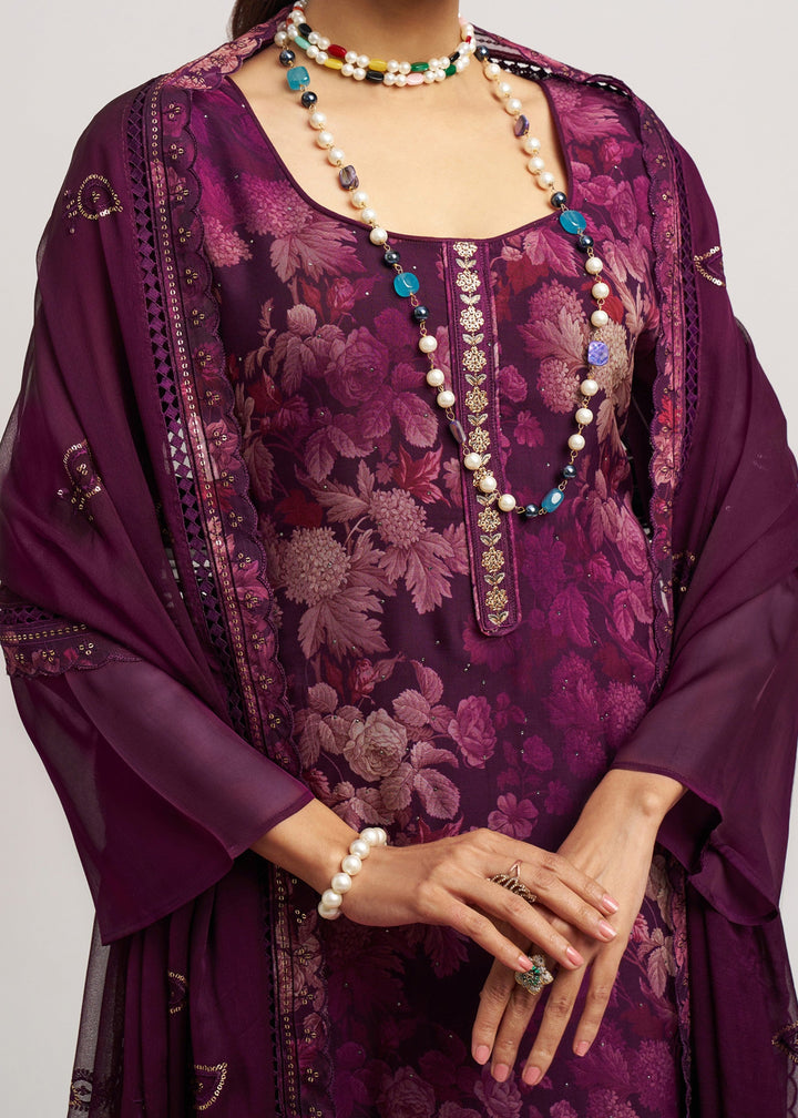 Sangria Purple Organza Pant Style Suit WIth Chiffon Dupatta