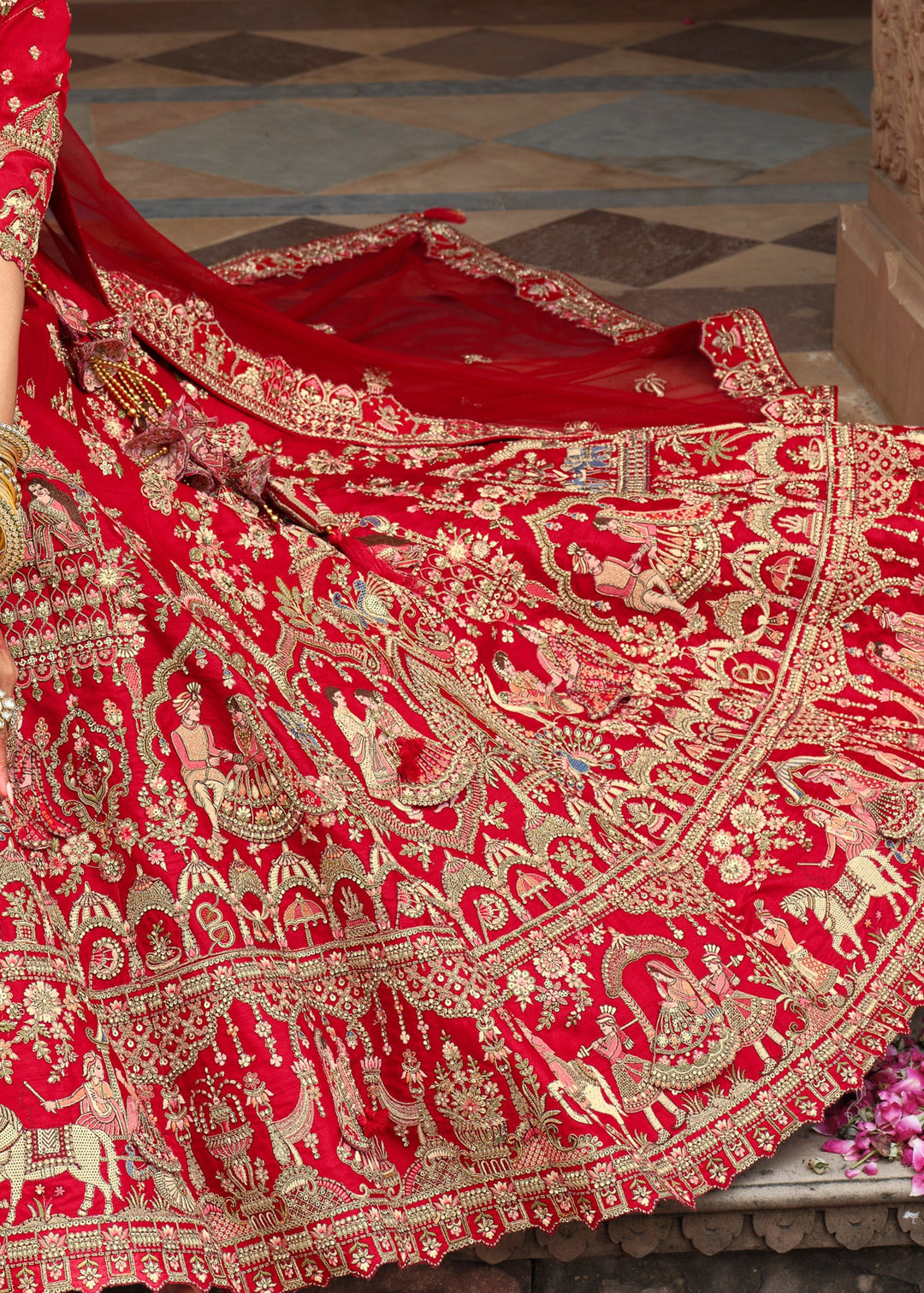 Candy Red Heavy Bridal Silk Lehenga With Khatli And Embroidery Work