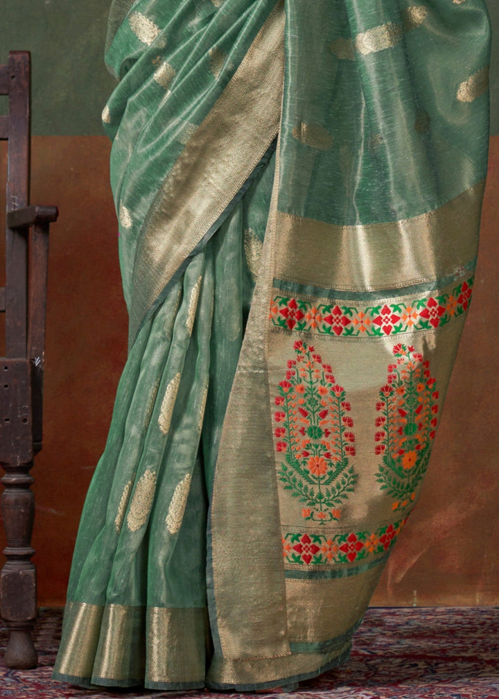 Jade Green Paithani Tissue Silk Saree With Zari Work