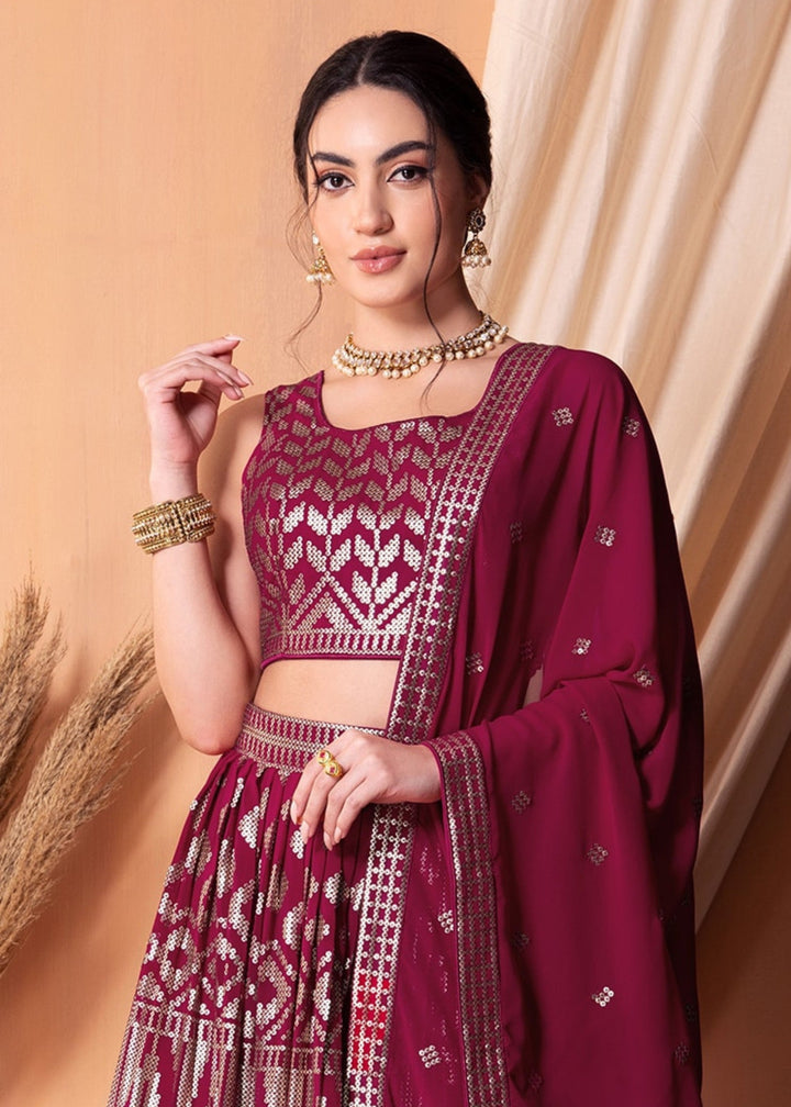 Ruby Pink Georgette Lehenga Choli With Sequins And Thread Embroidery Work