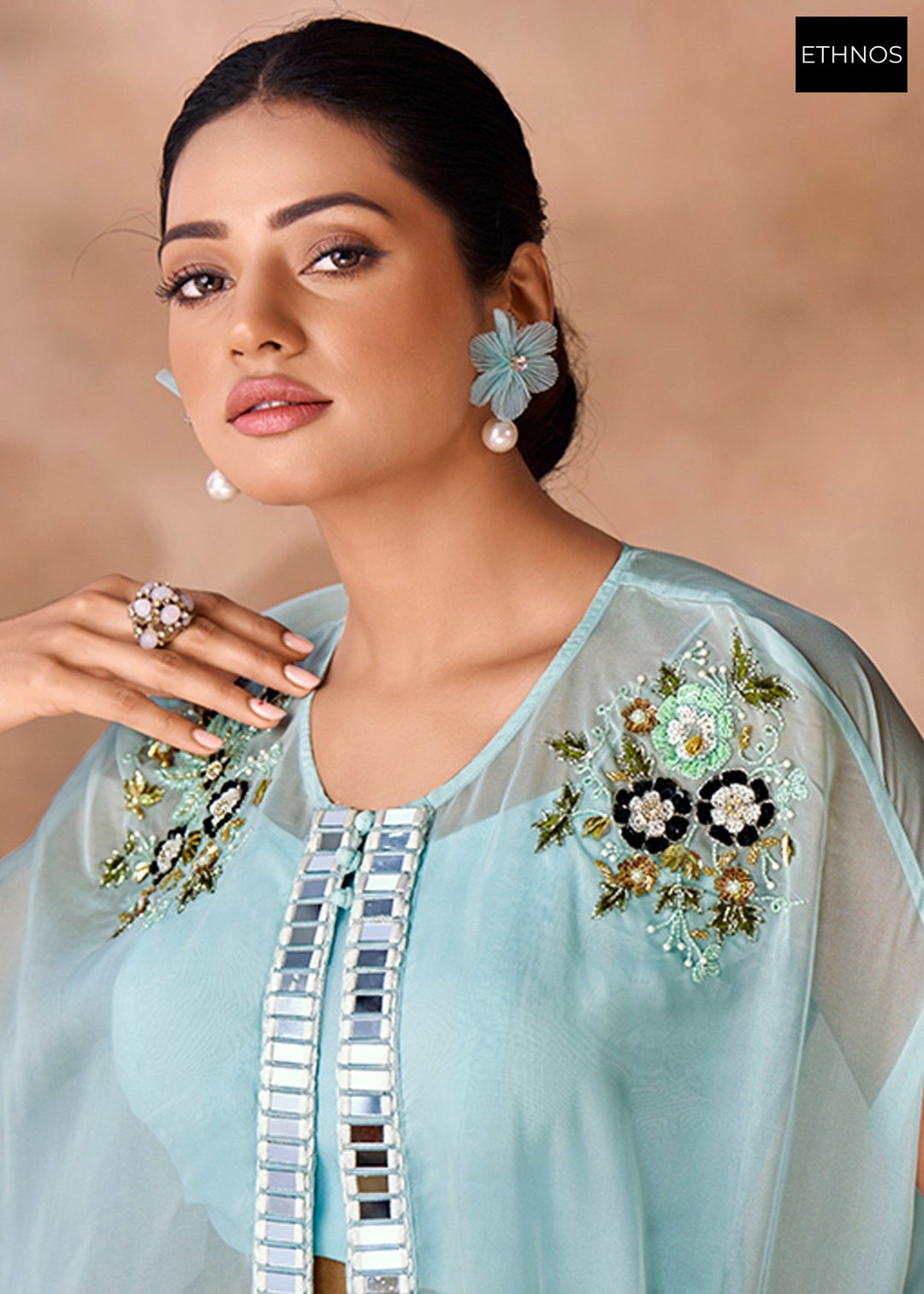 Aqua Blue Organza Handwork Co-ord Set