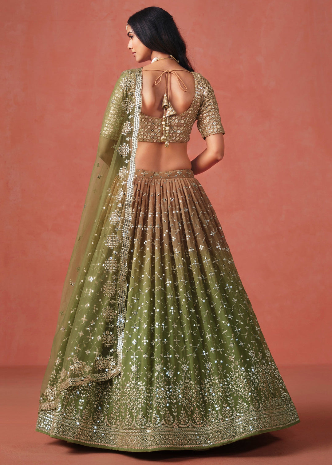 Mehndi Sequins Zari Embroidered Work Georgette Lehenga