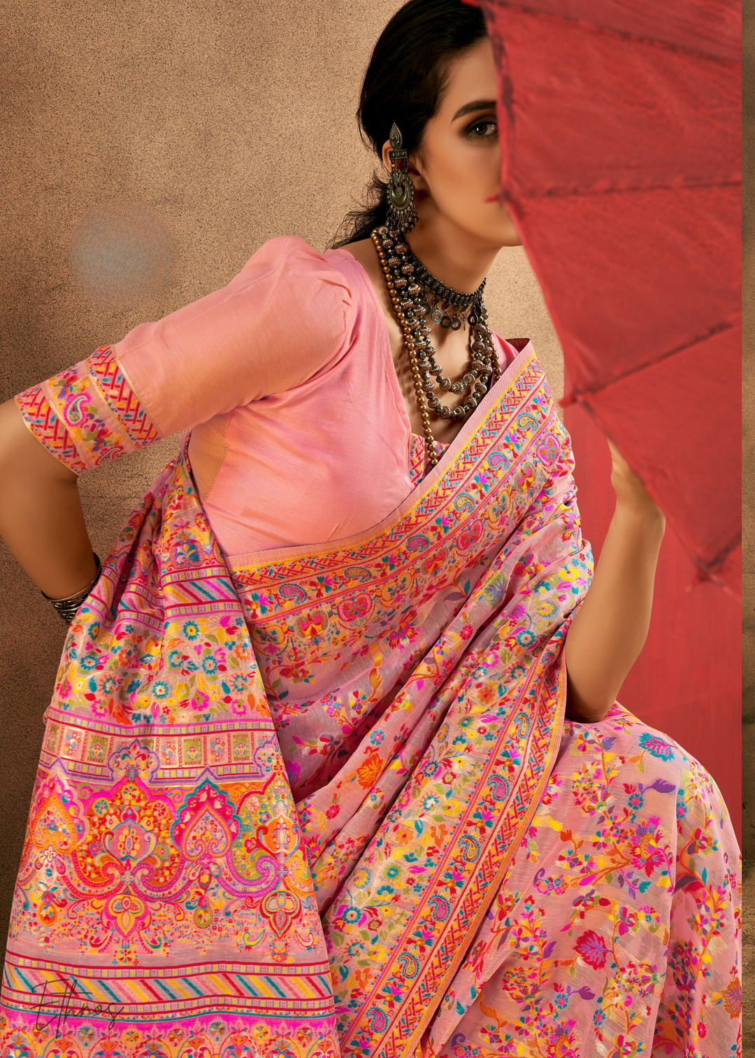Soft Blush Pink with Multicolour Kashmiri Floral Weaving Saree