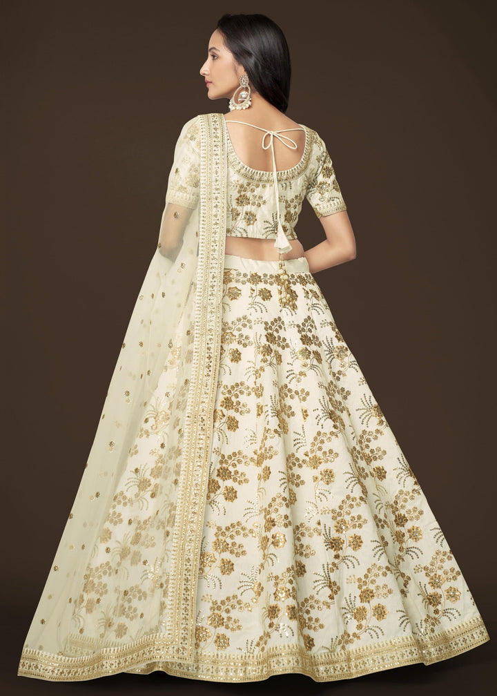 White Slub Silk Lehenga with Zari Sequins and Dori Embroidery Work
