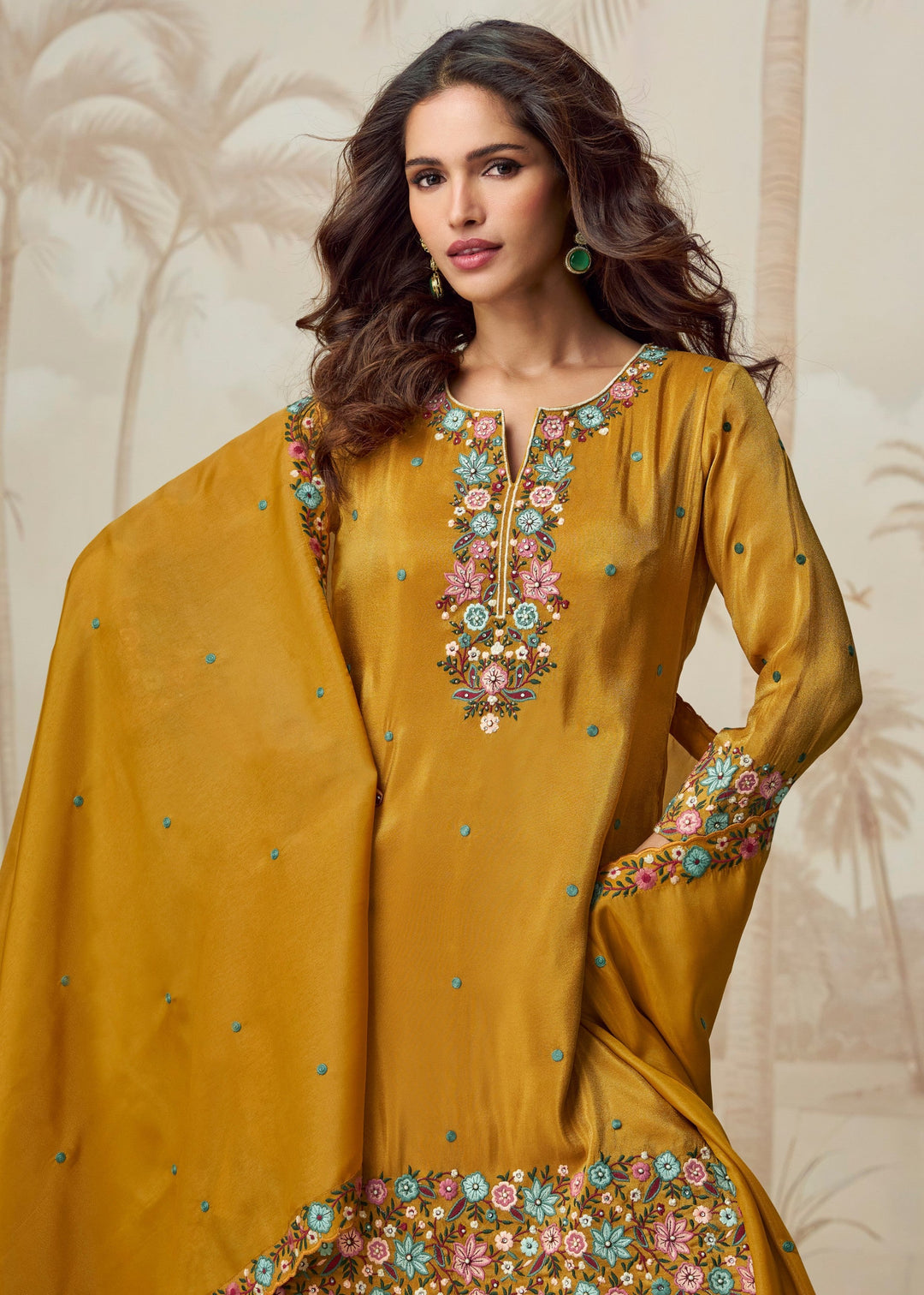Mustard Yellow Organza Silk Plazo Suit With Dupatta