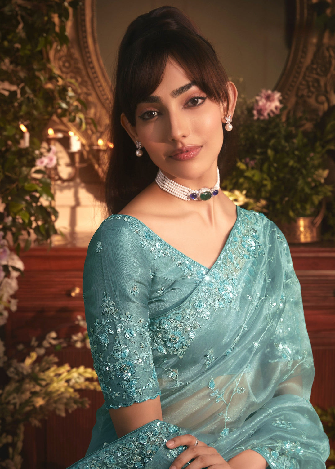 Aqua Blue Tissue Organza Saree With Heavy Embroidery