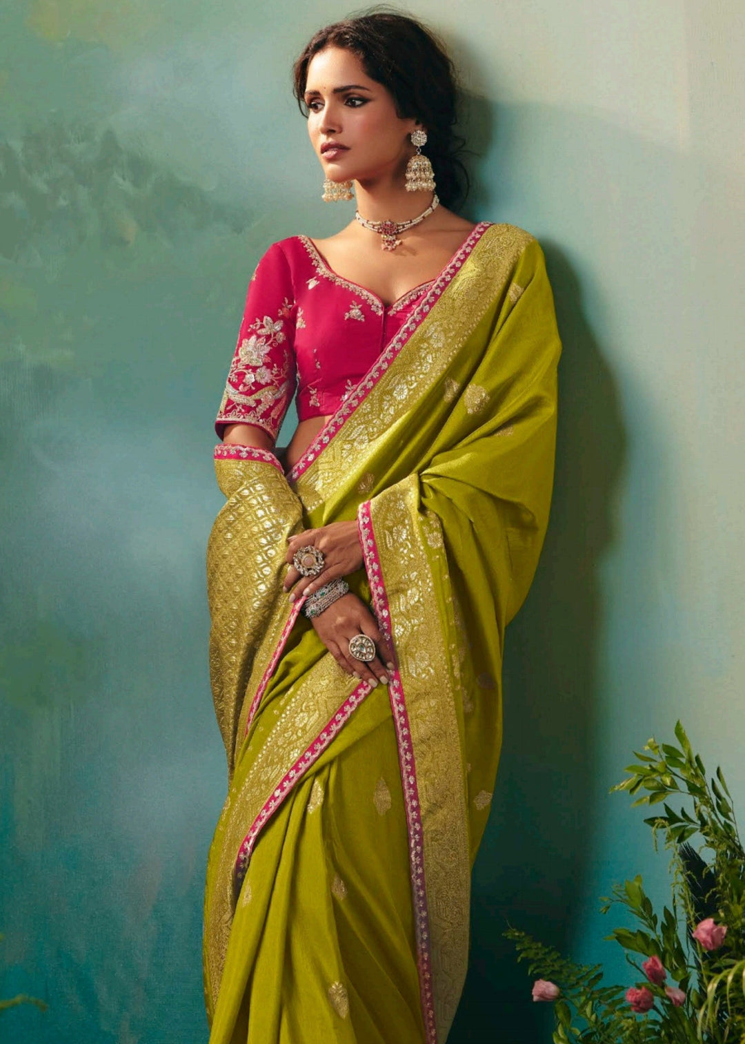 Olive Green Viscose Dola Silk Saree