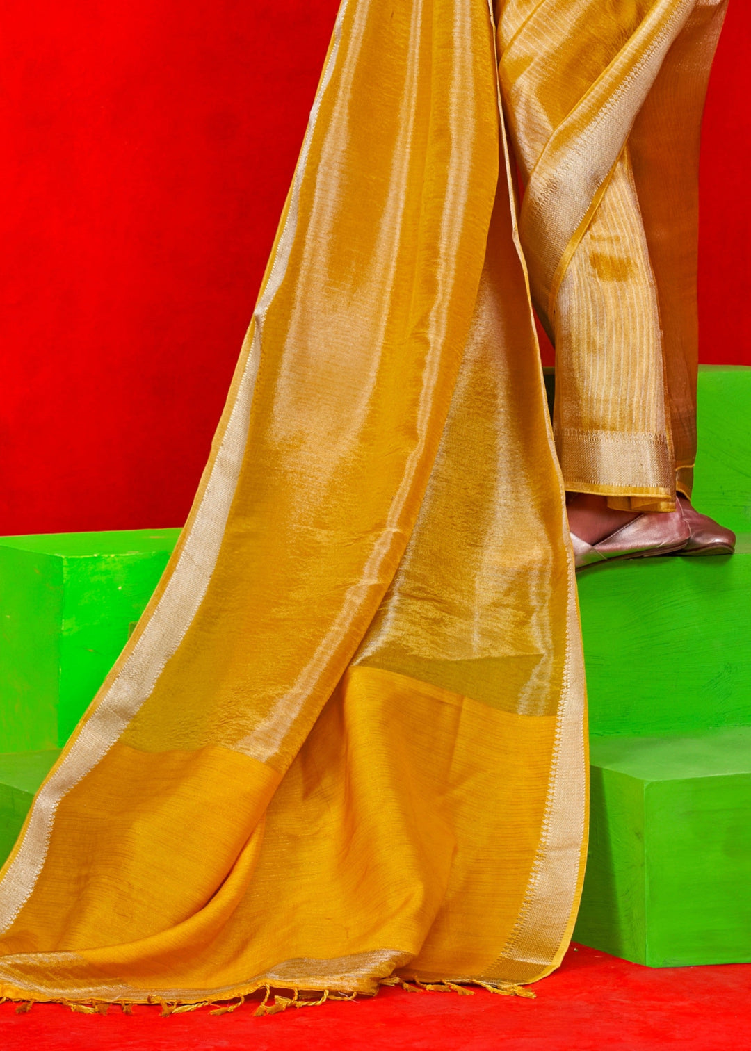 Mustard Yellow Viscose Tissue Silk Saree