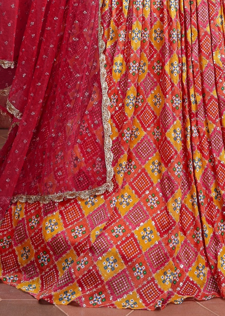 Red & Orange Printed Chinon Lehenga