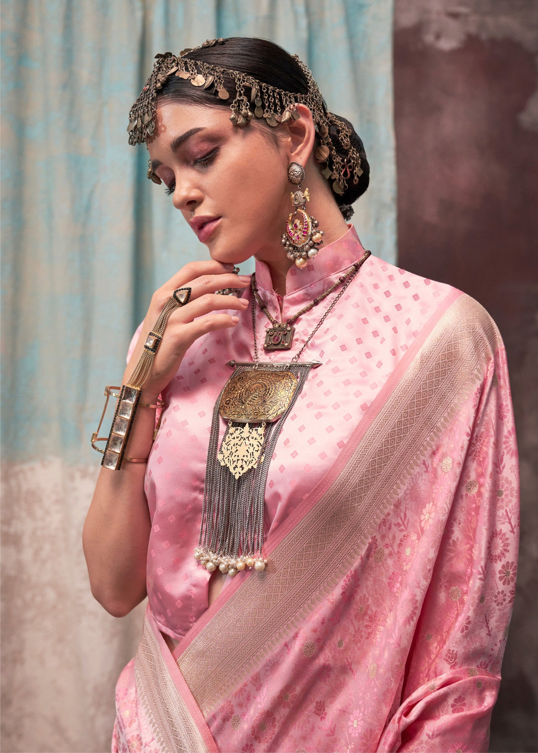 Baby Pink Satin Silk Saree