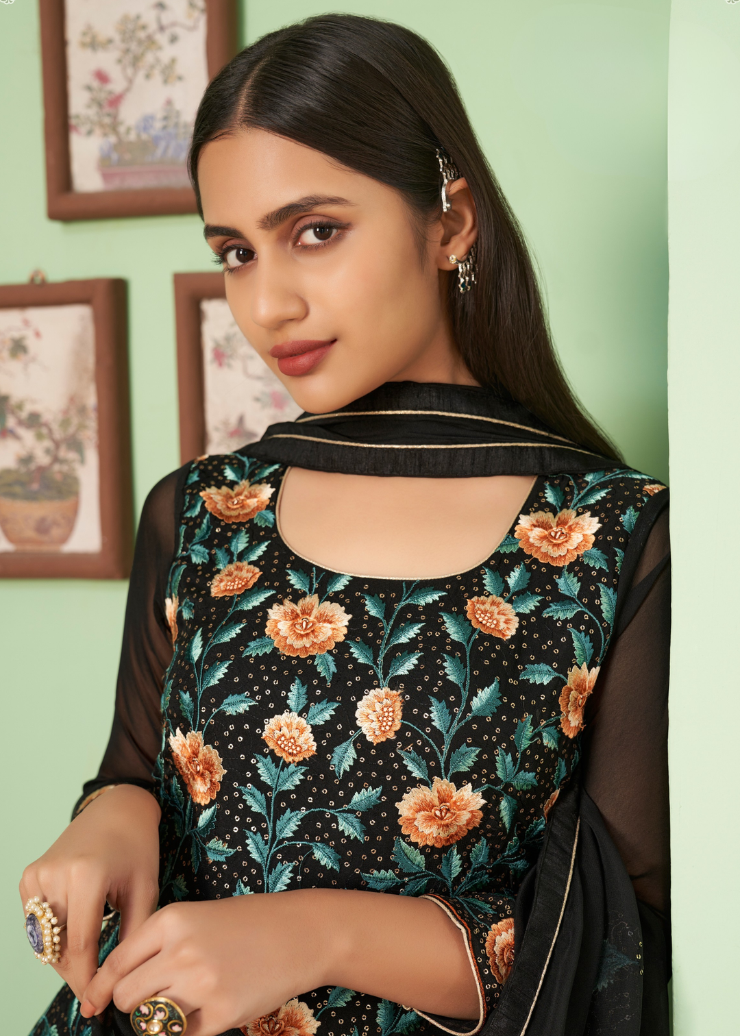 Pebble Black Georgette Salwar Suit with Multi Colour Thread Embroidery & Sequence work