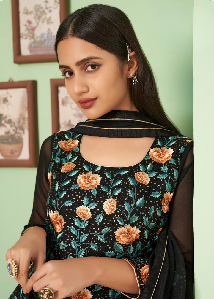 Pebble Black Georgette Salwar Suit with Multi Colour Thread Embroidery & Sequence work