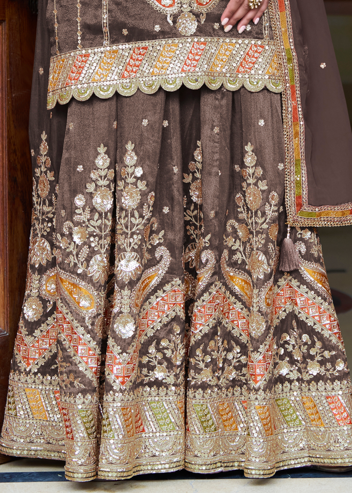 Cedar Brown Simmer Silk Palazzo Suit With Embroidered Work