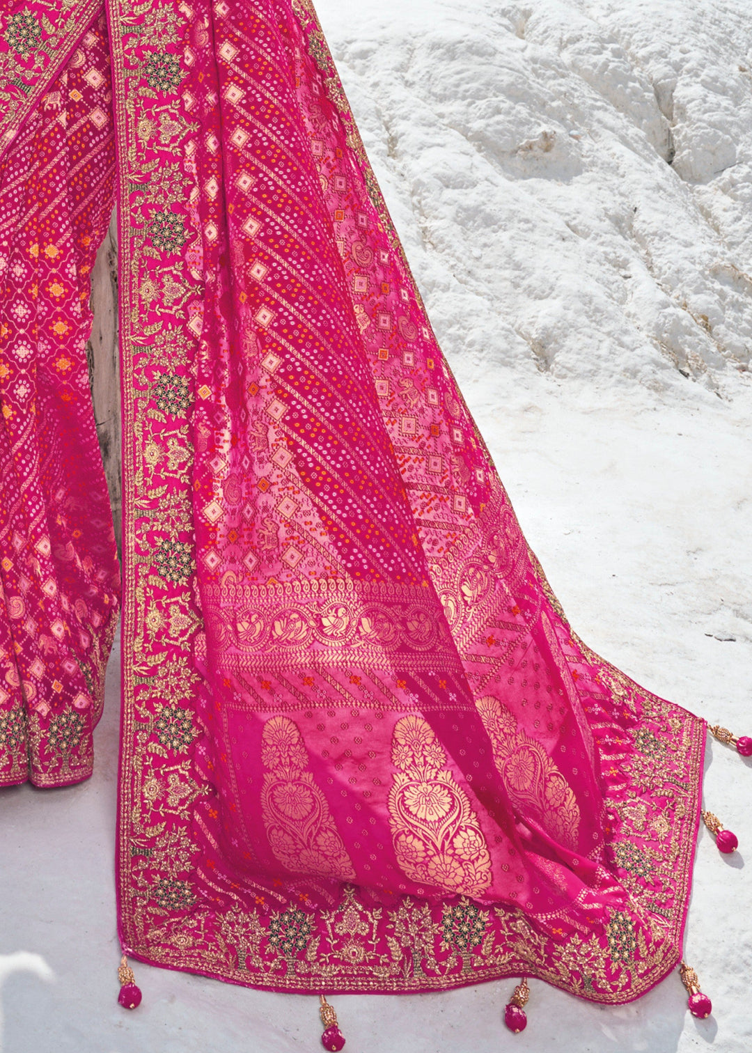 Barbie Pink Pure Georgette Bandhani Patola With Zari Weaving Heavy Work Saree