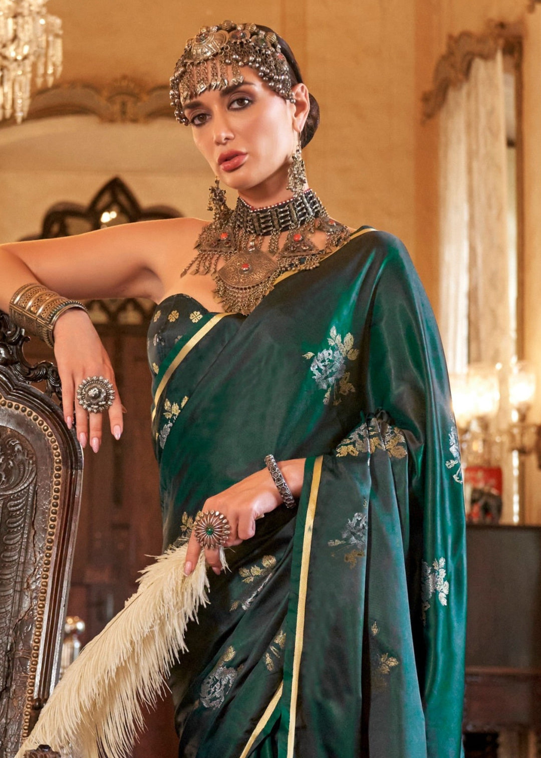 Dark Green Satin Silk Saree