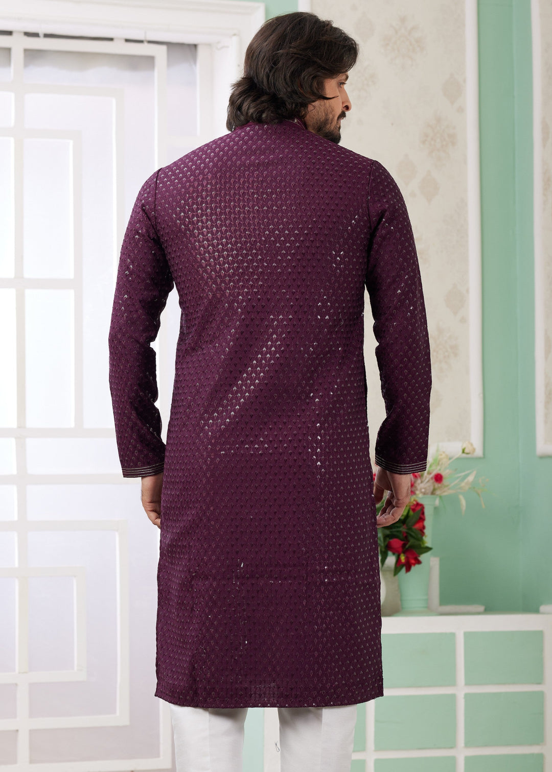 Wine Purple Silk Mens Kurta Set With Thread Embroidery Work