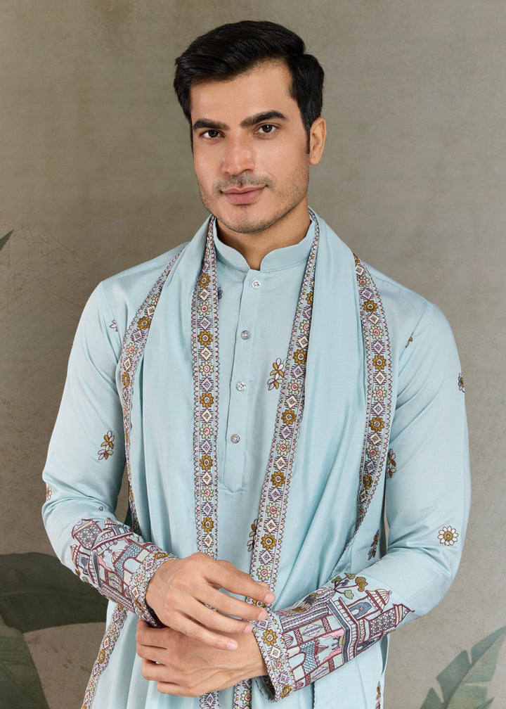 Light Blue Viscose Silk Kurta Set With Thread & Sequins Embroidered Work