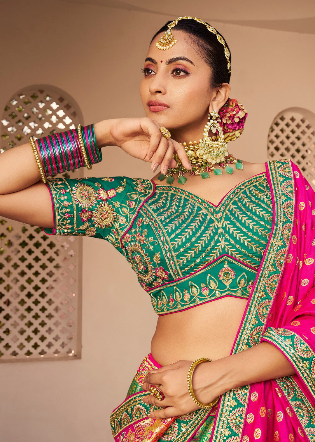 Sea Green Base Banarasi Silk Lehenga And Golden Zari Work