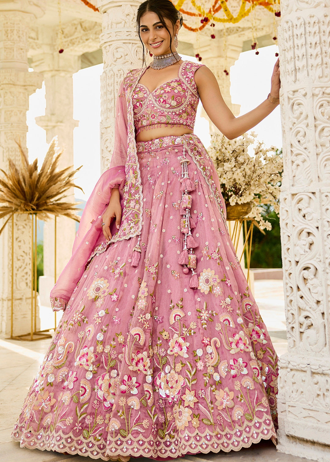 Pink Organza Lehenga Choli with Beads & Sequince Embroidered