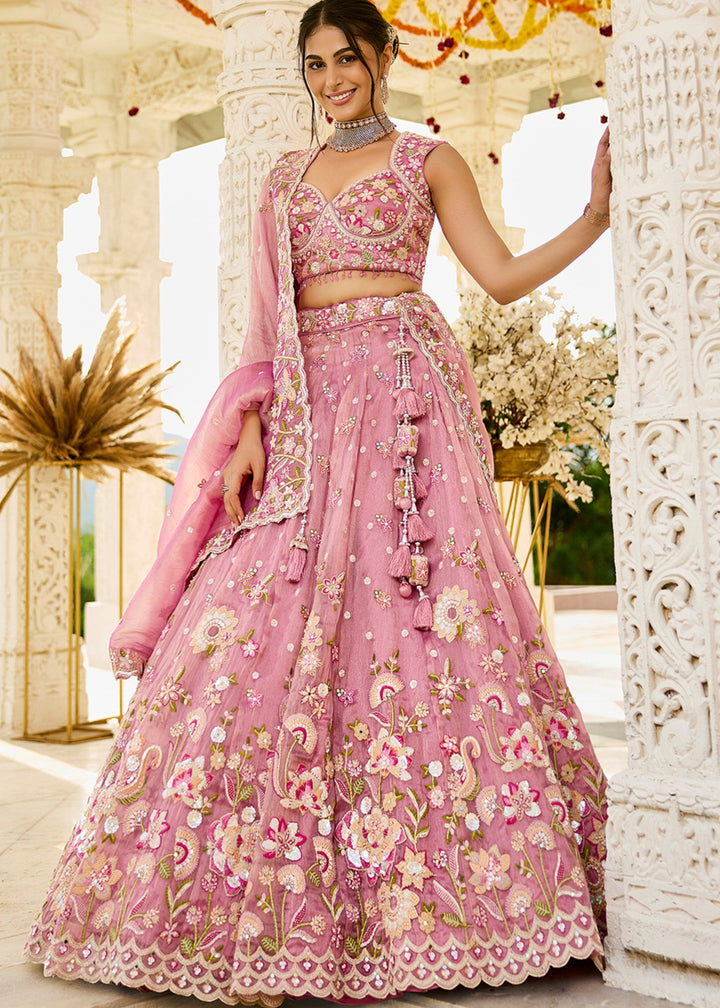 Pink Organza Lehenga Choli with Beads & Sequince Embroidered