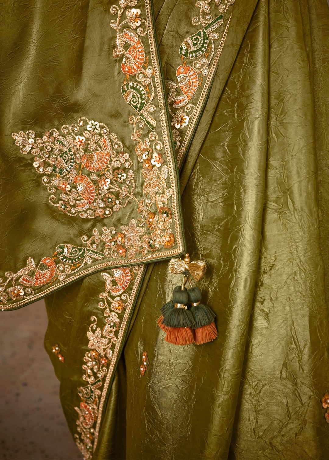 Olive Green Glass Tissue Silk Saree : Top Pick