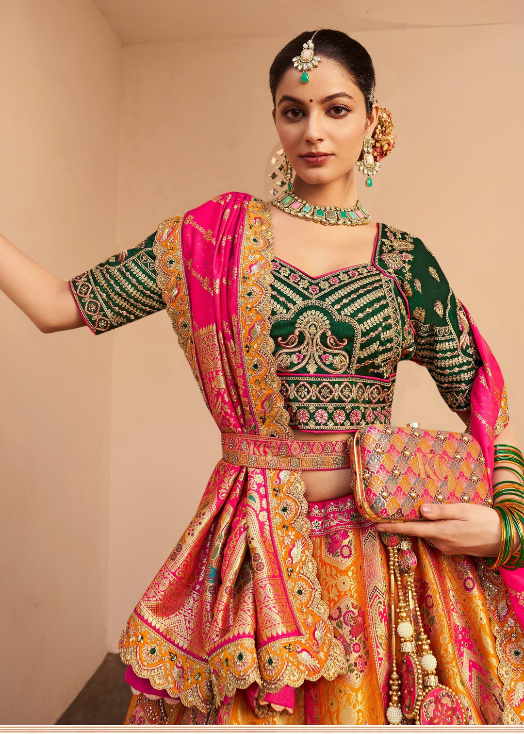 Warm Orange Banarasi Silk Lehenga With Golden Zari Work