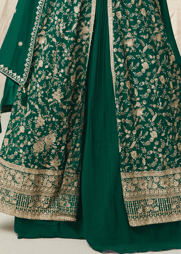 Hunter Green Georgette Anarkali Slit Cut Suit With Thread Embroidered Work