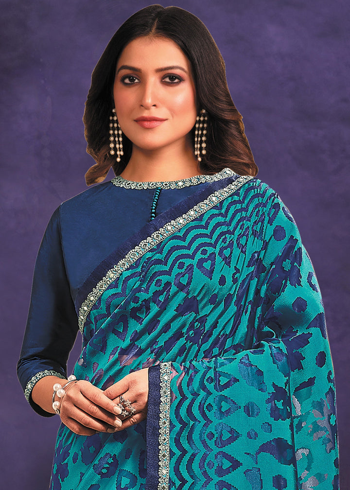 Persian Blue Designer Organza Saree